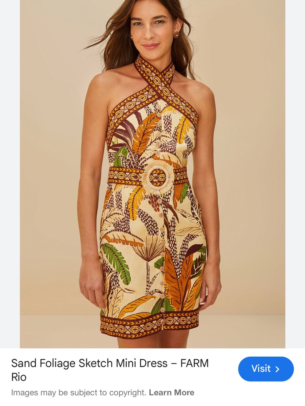 NWT farm Rio Foliage sketch mini dress in cream, green, and brown